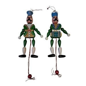 Pair Of Vintage Toy Soldiers Wooden Jumping Jack Pull String Christmas Ornament